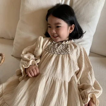 Детское однотонное платье 2023, весна-осень, Новый Корейский стиль, Мягкое удобное платье для старших девочек, повседневное Простое Милое платье