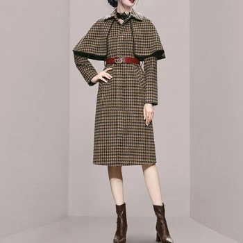 Осенне-зимнее пальто, женское теплое пальто с лацканами, шерстяная куртка, женское винтажное клетчатое пальто, длинная куртка, новые женские пальто, хлопковая куртка