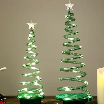 Вращающаяся светящаяся мини-рождественская елка, сжимаемая с батарейкой, спиральное украшение рождественской елки для стола.