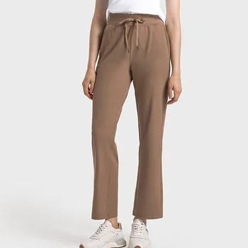 2023 Брюки с высокой талией и завязками, женские спортивные штаны для фитнеса с двумя боковыми карманами, леггинсы-стрейч с 4 полосами, женские эластичные брюки