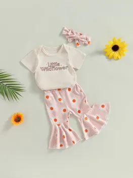 Комплект одежды для новорожденных девочек из 3 предметов, комбинезон с коротким рукавом, боди, расклешенные брюки, летний наряд (цветочно-абрикосовый)