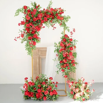 Зеленые растения, Красные Розы, искусственная композиция из угловых цветочных рядов, свадебный фон на открытом воздухе, декор арки, дорожный шар из свинцовых цветов для вечеринки