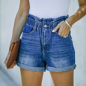 2023 Летние женские джинсовые шорты Повседневная модная Винтажная уличная одежда с эластичной резинкой на талии, Новые короткие шорты для гофрирования.