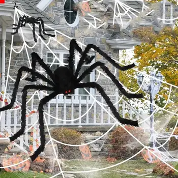 Декор в виде паука, реалистичный паук с паутиной, внутреннее/наружное украшение для Хэллоуина, очень большой размер для жуткой паутины на Хэллоуин