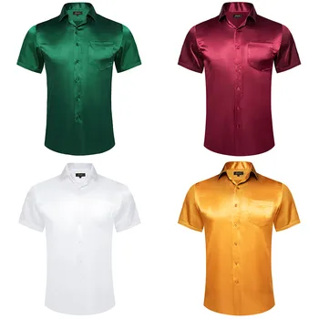 Красные, зеленые, белые Летние рубашки с коротким рукавом для мужчин, Однотонная футболка из гладкого эластичного атласа, Женские топы, блузка, Гавайская социальная одежда