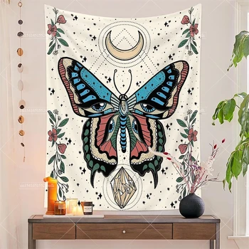 Настенный гобелен с бабочками для спальни, Небесные Ботанические Цветочные фазы Луны, Гобеленовые одеяла для дивана, украшение дома