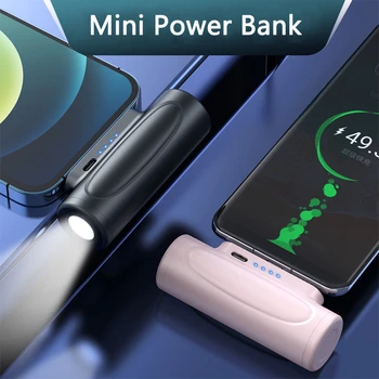 Мини-банк питания 5000 мАч для iPhone 14 13 X Samsung S22 S23 Xiaomi Mi Powerbank Внешний аккумулятор Портативное зарядное устройство с фонариком