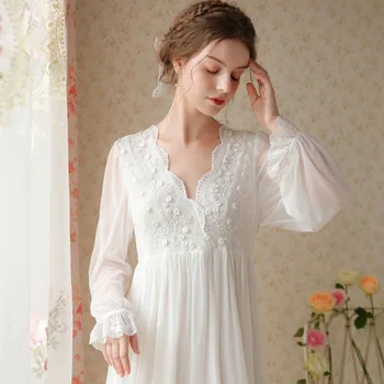 Ночная рубашка с длинным рукавом, женская пижама из кружевной сетчатой пряжи Modert, пижама средней толщины во французском стиле, длинная ночная рубашка для девочек с V-образным вырезом, пижама для сна