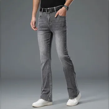 Мужские джинсы в летнем стиле 2023 года, Англия, джинсы-клеш с большим вырезом, потертые штанины, Пять карманов, дизайнерские классические джинсовые брюки серого цвета