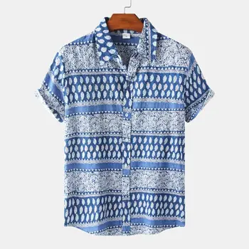 Лето 2023, Новая модная мужская рубашка Поло с большим свободным воротником и принтом в этническом стиле, топ с коротким рукавом для мужчин