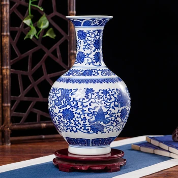 Керамическая Ваза, Антикварный Бело-голубой Фарфоровый Цветочный горшок, украшение в китайском стиле, современный минималистский орнамент, Поделки для гостиной