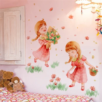 112 * 85 см Милые девушки Цветочные растения Наклейки на стены Комнаты для девочек Украшение спальни Детская комната Декор стен Обои Самоклеящиеся