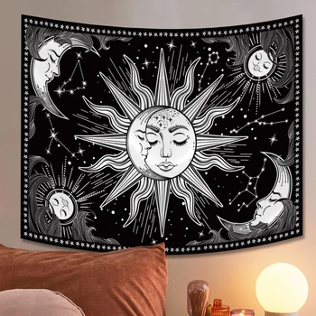 Психоделический гобелен с изображением Солнца и Луны, висящий на стене спальни, Домашний декор для спальни, гостиной, настенная роспись в общежитии, эстетический декор комнаты