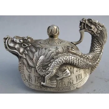старинная тибетская статуя чайника с Серебряным драконом старая статуя