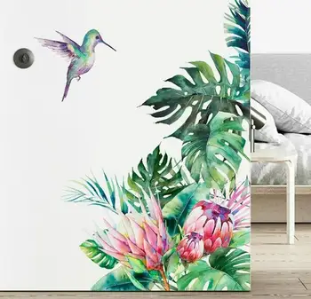 Наклейка на стену с тропическим листом, цветком и птицей, декор для гостиной, настенная роспись, сделай САМ, домашняя наклейка и наклейки для детей