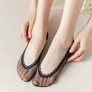 Летние полые сетчатые носки-тапочки, женские силиконовые противоскользящие тонкие невидимые носки-лодочки с мелким вырезом, дышащие носки в сеточку