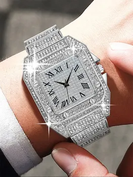 1шт Модный деловой календарь, мужские кварцевые часы с черным стальным ремешком с бриллиантами