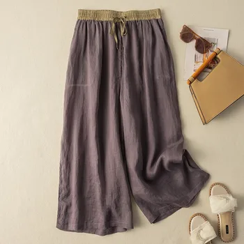 Весенне-летний стиль, дизайн в стиле пэчворк, Эластичный пояс, Свободные брюки длиной до щиколоток, двухслойные хлопчатобумажные льняные женские широкие брюки P253