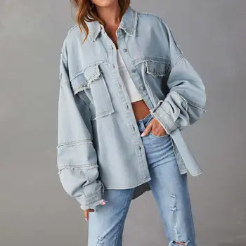 2023 Осенняя джинсовая куртка с лацканами и заклепками, женские однотонные куртки с длинными рукавами с отверстиями для женщин