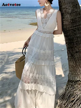 Aotvotee Открытое платье Миди для женщин 2023, новое модное винтажное платье Fairycore без рукавов, шикарное элегантное кружевное белое пляжное платье