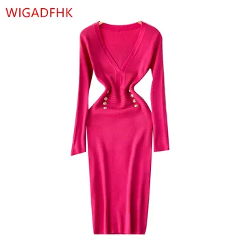 Осенние женские платья WIGADFHK, сексуальное трикотажное платье с V-образным вырезом и длинным рукавом 2023, Офисное женское элегантное приталенное платье на пуговицах