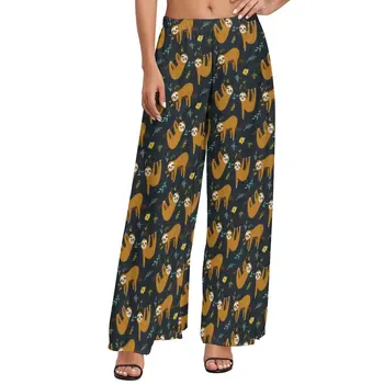 Очаровательные брюки с рисунком ленивцев, забавные джунгли, элегантные широкие брюки, женские прямые брюки в уличном стиле оверсайз