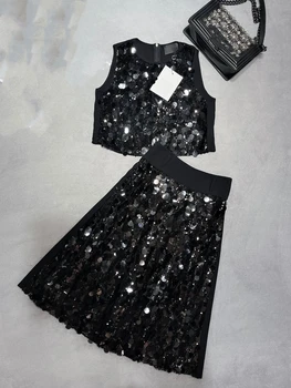 Новое поступление 2023 Летняя Черная юбка Комплект Сексуальная женская футболка для подиума Модные наряды с блестками
